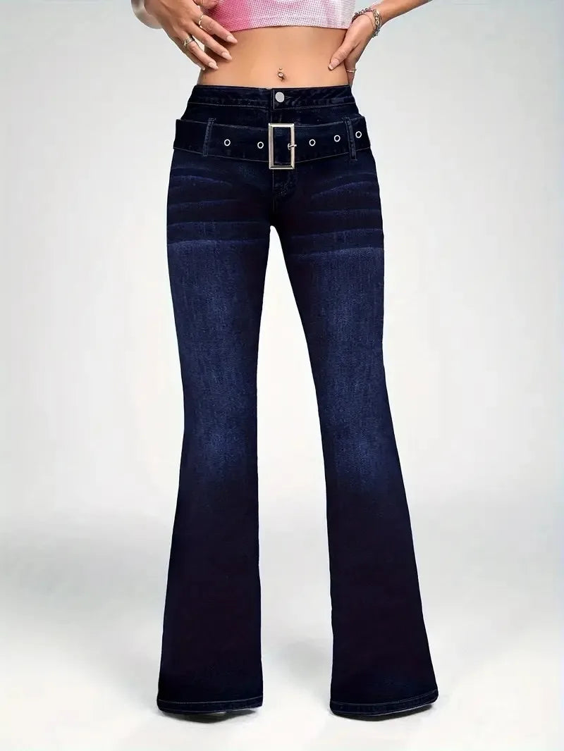 Women's fashionable casual wash dark blue decorative strap buckle stretch slim fit slim flared jeans