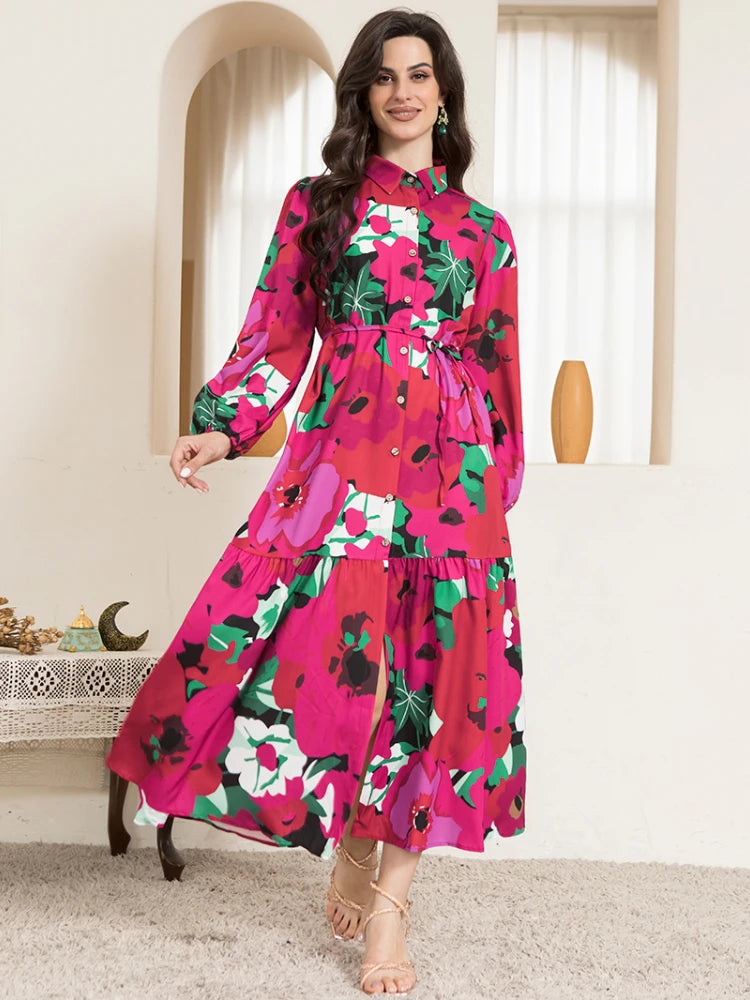 Sweetheart Collar Long Sleeve Button Belted Polka Dot Print Maxi Dress in Rose Pink
