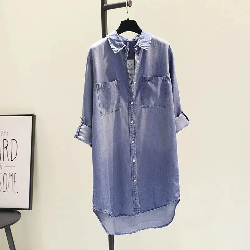 Fashion Women's Clothing Shirt Medium Long Containing Cotton Shirt Loose Fit Long Sleeve Double Pocket Rolled Sleeve Thin Blouse
