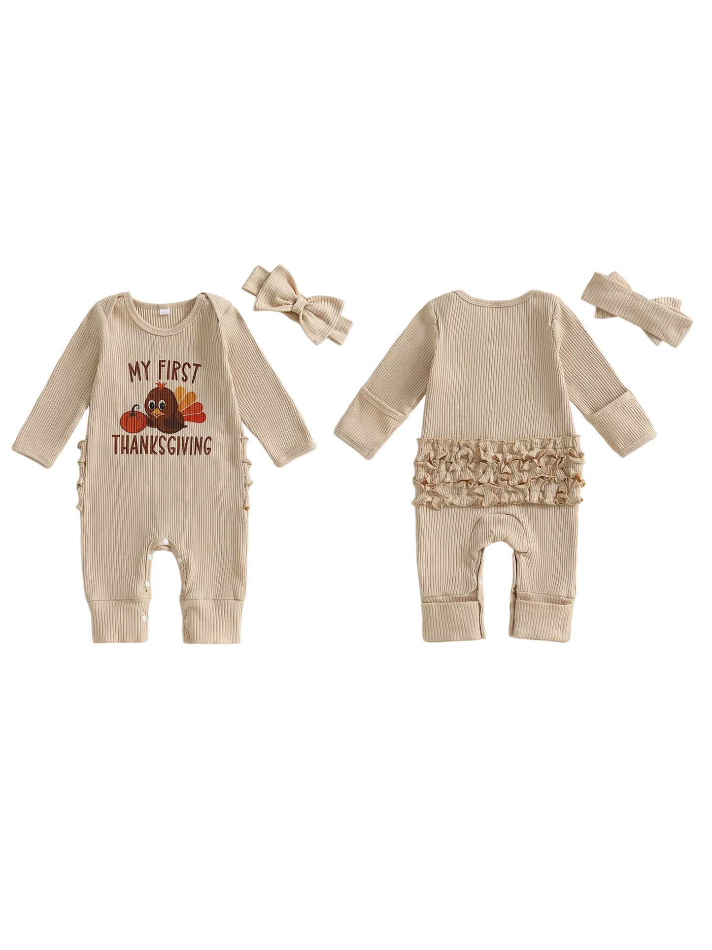 Thanksgiving Baby Girl Romper Long Sleeve O Neck Letter Turkey Print Jumpsuit with Matching Headband Set for Fall Holiday