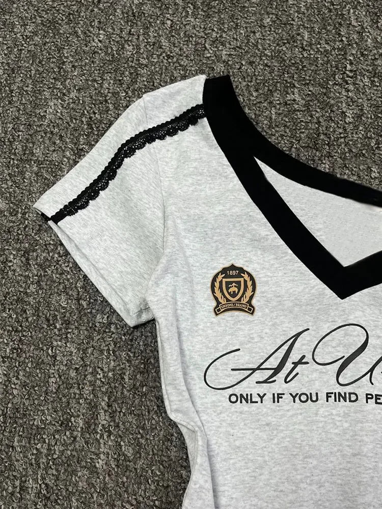 White-Gray Lace Sport Sexy Summer Off shoulder Top Women Y2k V neck Short sleeve T shirt Fashion Korean Lady Basic Tees 2025 New