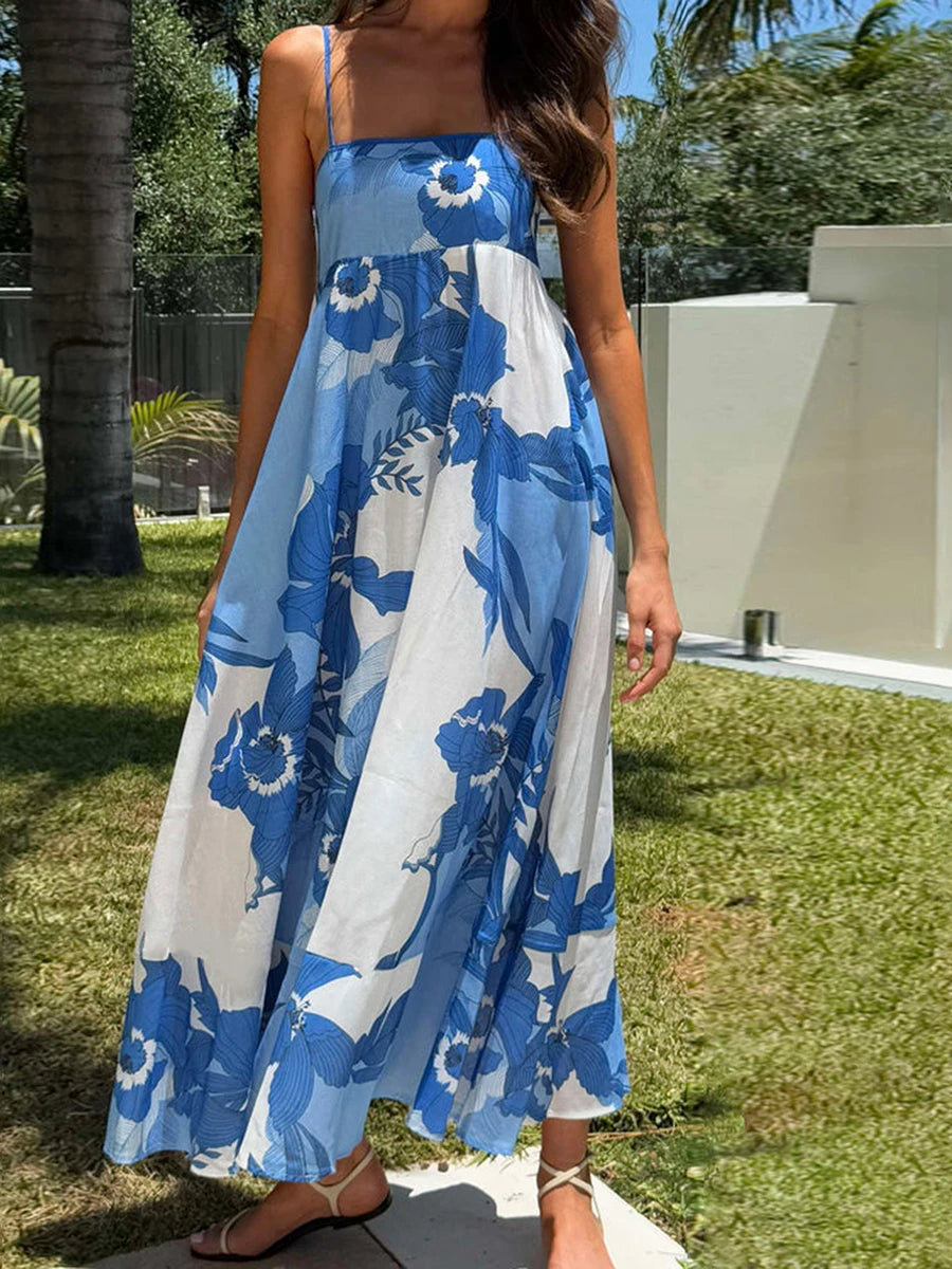 Women s Elegant Floral Print Sleeveless Maxi Dress with Adjustable Spaghetti Straps and A-Line Silhouette for Summer Beach