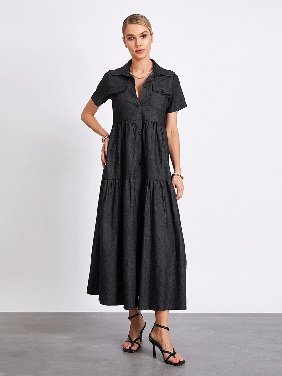 Women s Plus Size Denim Dress Short Sleeve Turn Down Collar Button Front Loose Swing Jean Dress