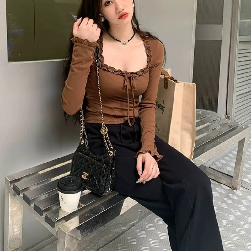 Square Neck Pleated Sexy Tops Casual  Autumn Slim Long Sleeved T-shirt for Women's Ins Fashion Crop Top