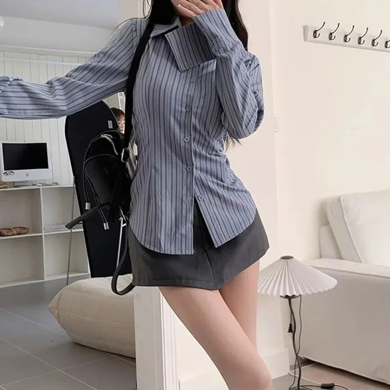 Korean Blue Striped Long Sleeve Shirt Jacket Women's Spring Design Waist Cinching Slimming Top Women Clothing
