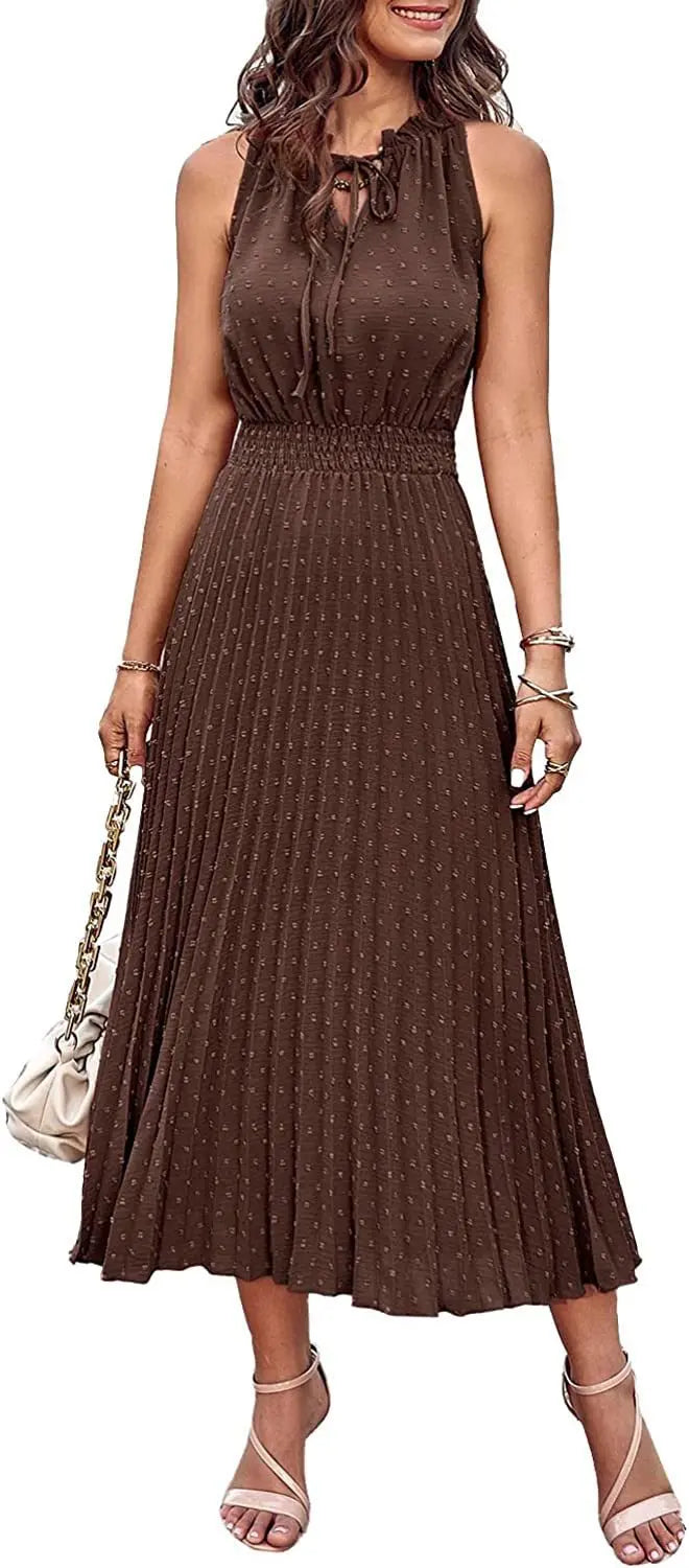 Women's Spring Fall Midi Dress Casual Long/Short Sleeve Elegant and fashionable V Neck Swiss Dot Pleated A Line Flowy Dresses