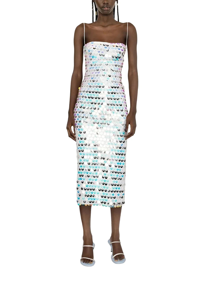 Women Midi Bodycon Dress Sequins Spaghetti Strap Sleeveless Sling Cocktail Dress Summer Backless Party Club Dress