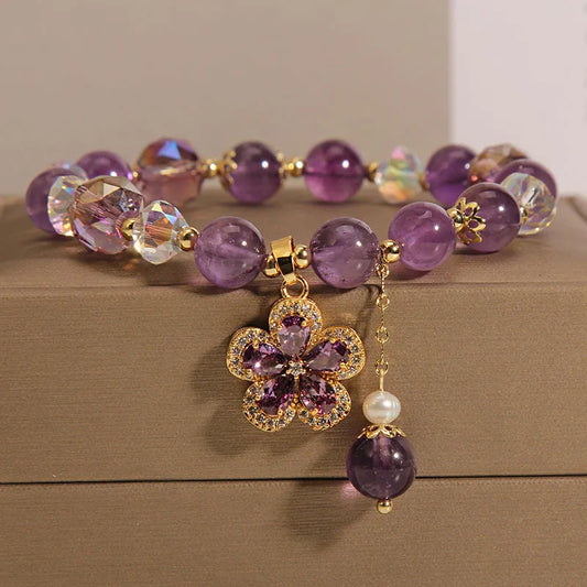 Natural Amethyst Bracelet for Women, Floral Boho Chic Crystal Beads Handmade Adjustable Student Gift, Minimalist Dainty Jewelry