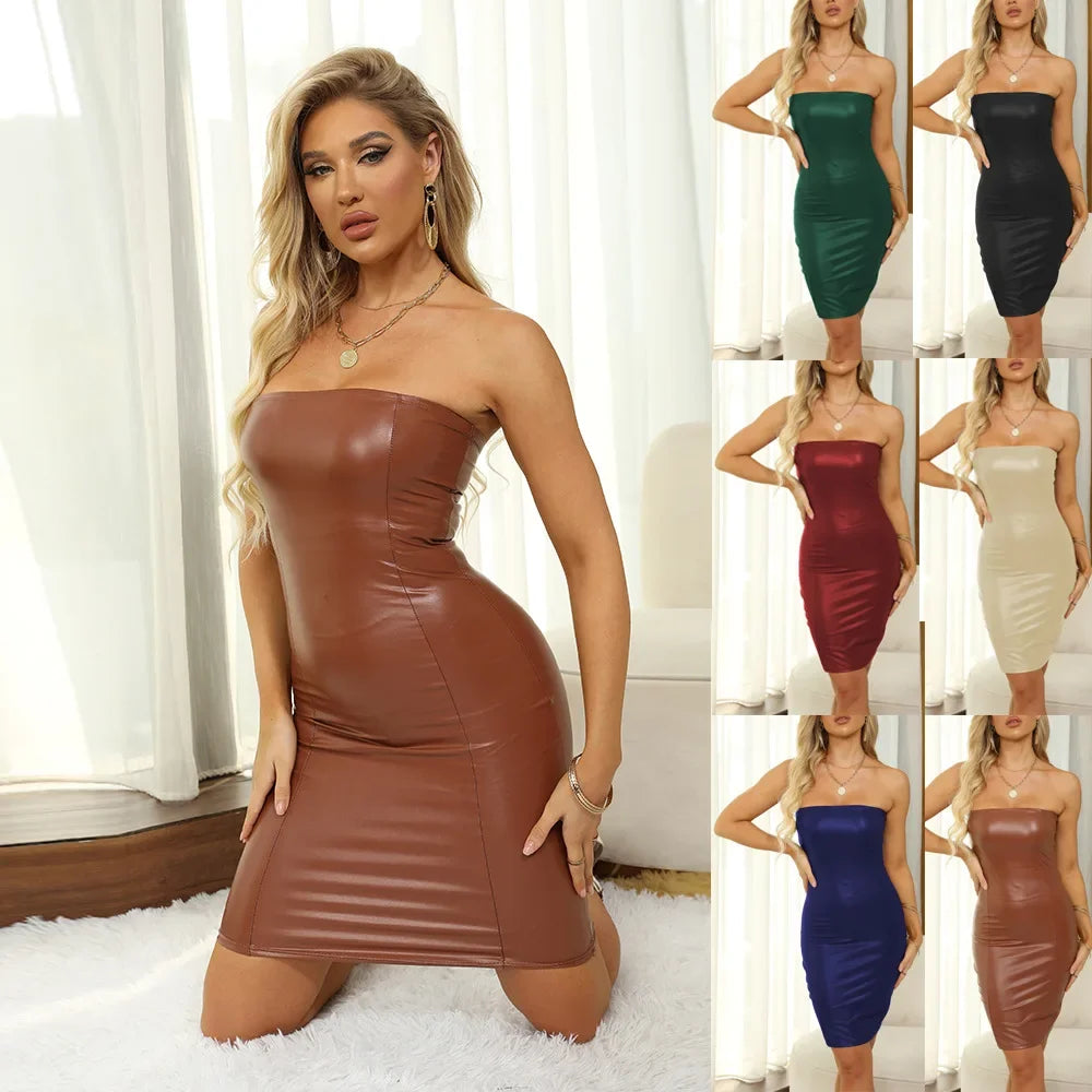 Dress Pu Leather Skirt Women's Cross-border Sexy Skirt D23 Ins European American Style Sleeveless Patterned Dress