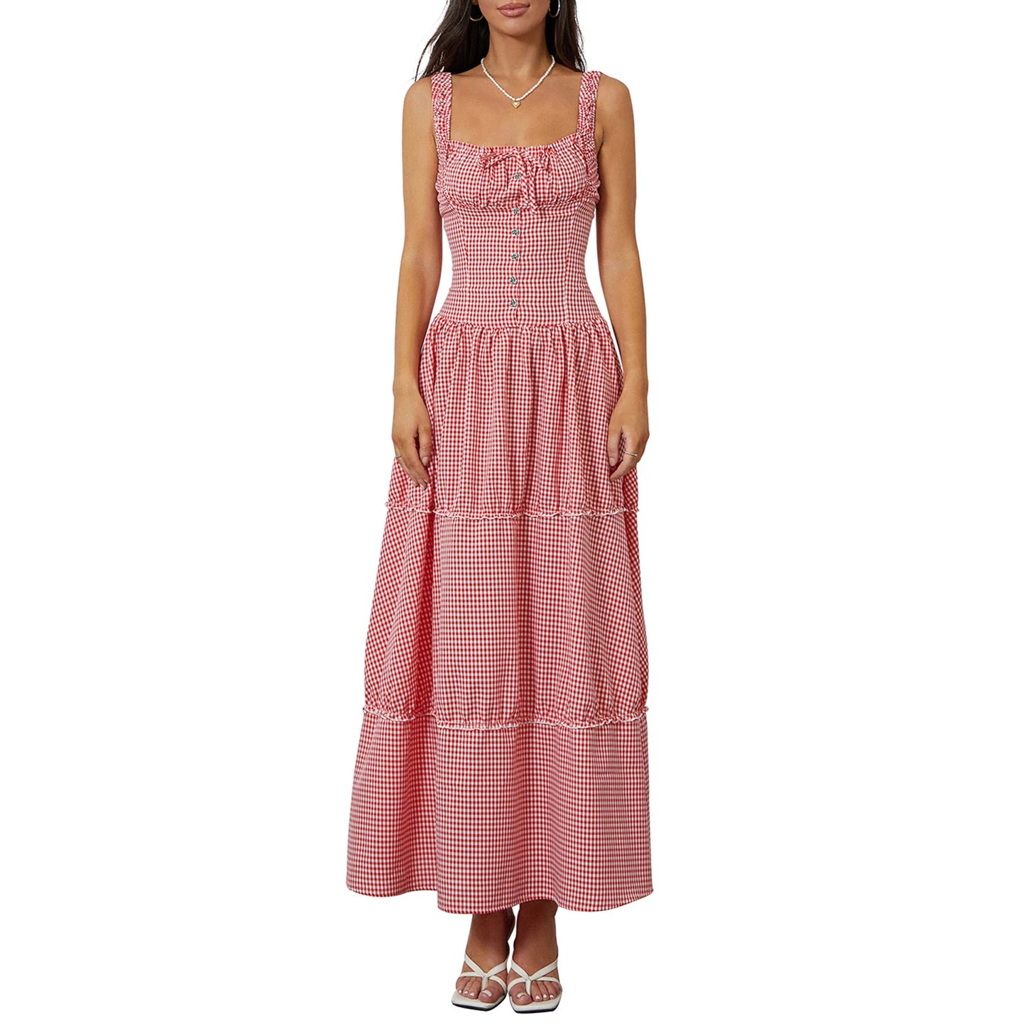 Women Summer Sleeveless Dress Casual Plaid Print Ruffle Party Dress for Cocktail Beach Club Streetwear