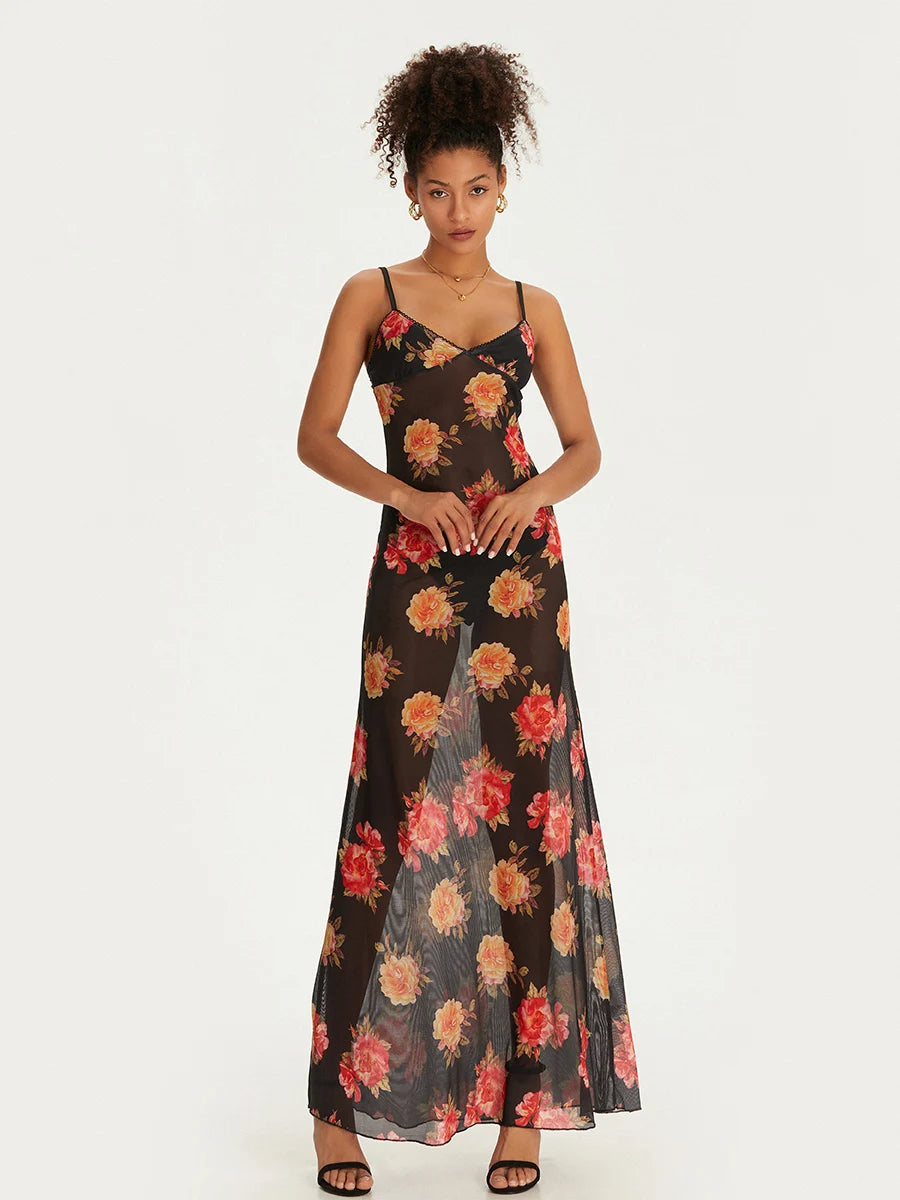 Women Floral Sleeveless Dress Summer Spaghetti Strap Backless Party Dress for Cocktail Beach Streetwear