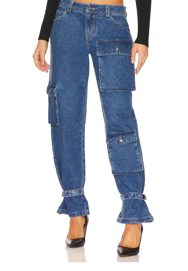 Fashion retro blue multi-pocket tied legs for women's stretch slim casual work jeans