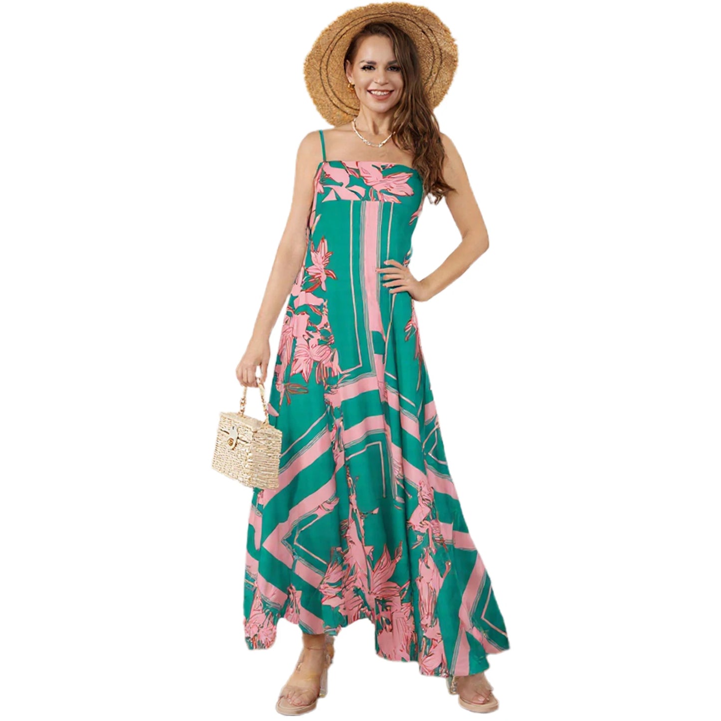 Bohemian Style Maxi Dress with Spaghetti Straps and Floral Print Perfect for Summer Beach Parties and Events