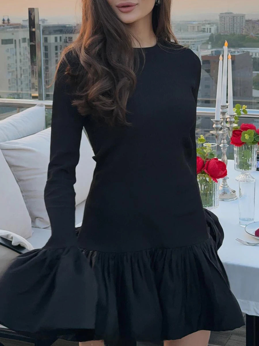 Elegant Women s Long Sleeve Knit Dress with Ruffles Hem and Round Neckline Perfect for Fall and Winter Casual Wear