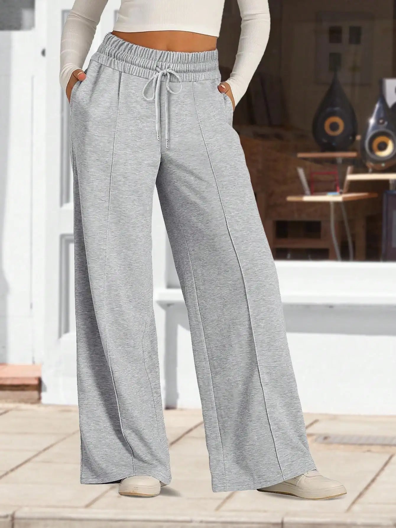 2024 Women's High Waist Wide Leg Sports Pants Elastic Drawstring Loose Fit Athletic Pants with Pockets Yoga Lounge Trousers