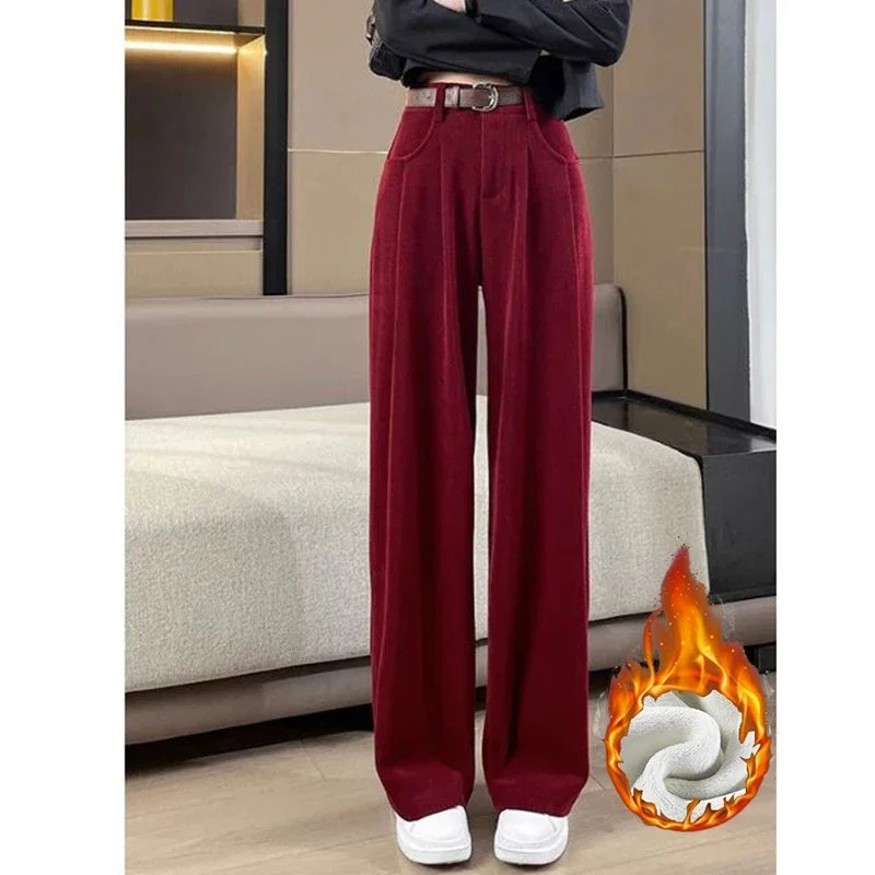 Winter Hot Sale Lady High Waist Thermal Pants Female Plush Straight Leg Trousers Girls Snow Warm Fleece Casual Daily Pants