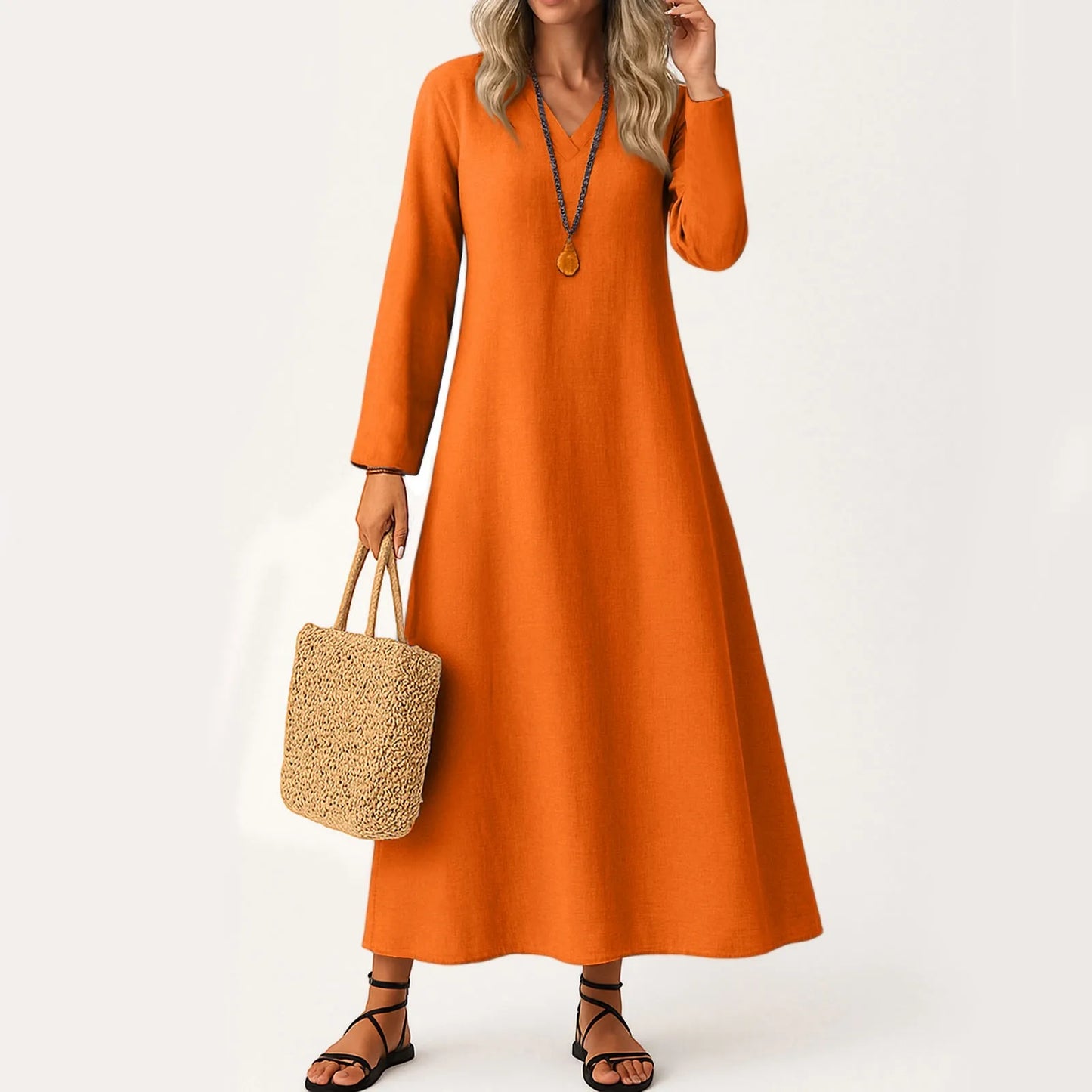Dress For Women Long Boho Beach Dress Elegant Maxi Dress V-Neck Long Sleeve Dress With Pockets Vestidos Para Mujer Female Dress