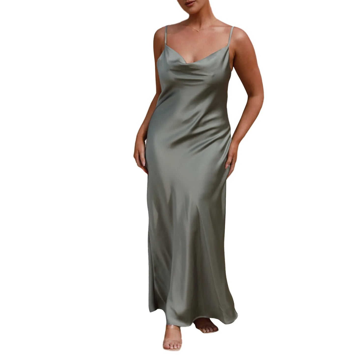 Women Long Bodycon Dress Solid Color Spaghetti Strap Cowl Neck Sleeveless Dress Summer Backless Cami Dress