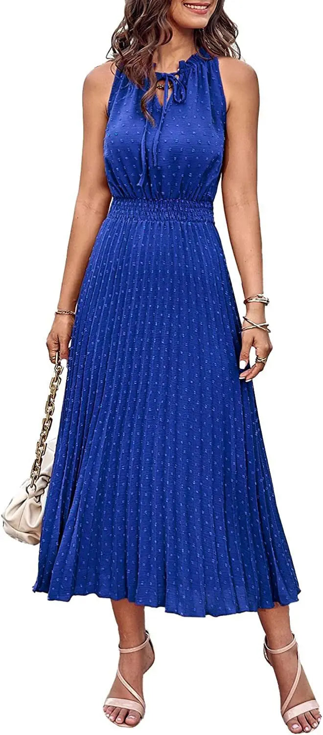 Women's Spring Fall Midi Dress Casual Long/Short Sleeve Elegant and fashionable V Neck Swiss Dot Pleated A Line Flowy Dresses