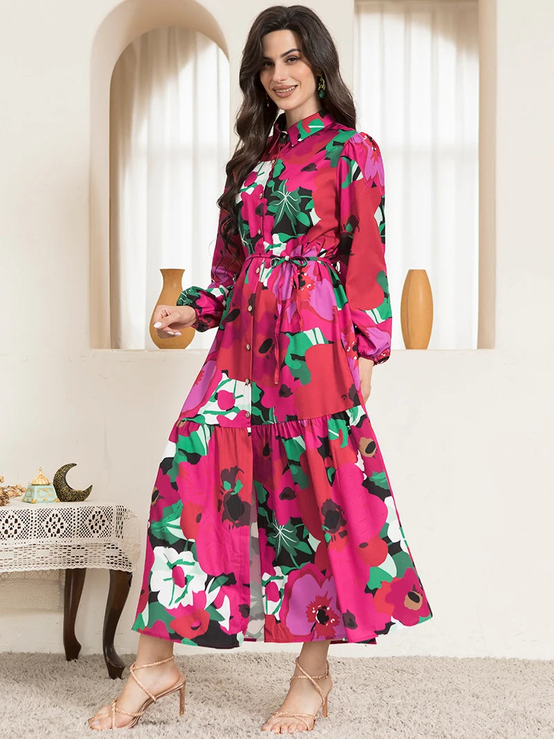 Sweetheart Collar Long Sleeve Button Belted Polka Dot Print Maxi Dress in Rose Pink