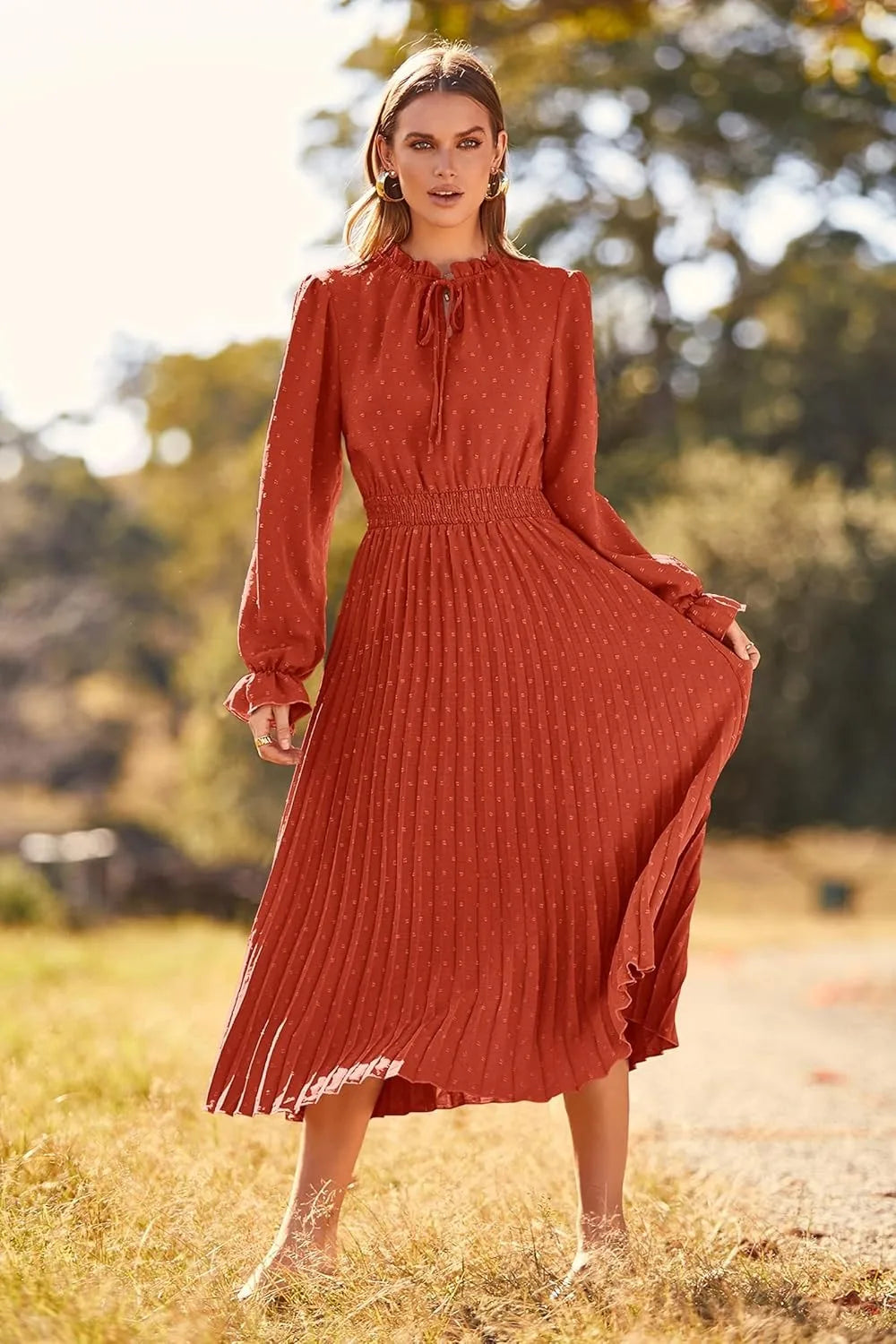 Women's Spring Fall Midi Dress Casual Long/Short Sleeve Elegant and fashionable V Neck Swiss Dot Pleated A Line Flowy Dresses