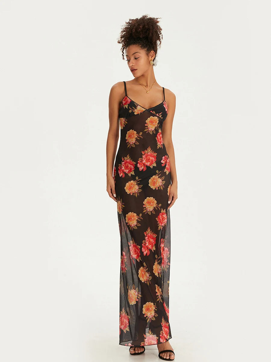 Women Floral Sleeveless Dress Summer Spaghetti Strap Backless Party Dress for Cocktail Beach Streetwear