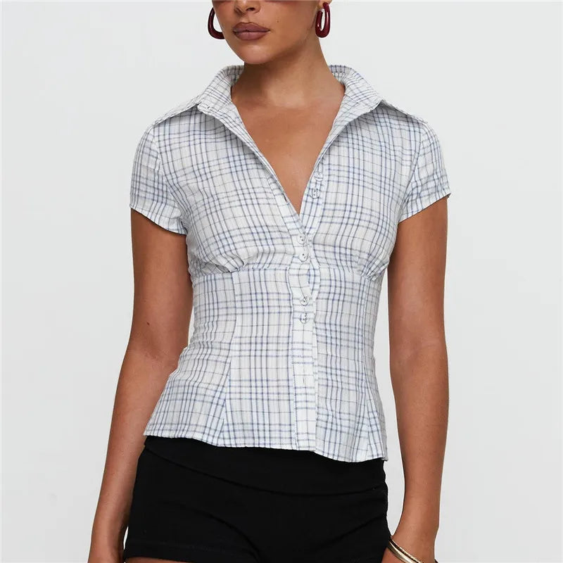 Women Y2k Aesthetic Button-up Shirt 90s Vintage Cottage Short Sleeve Lapel Slim Fit Blouse Fairy Grunge Crop Tops Summer