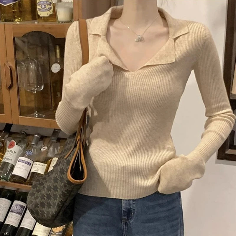 Spring Autumn V-neck Skinny Knitted Shirt Women Pullover Sweater Tops Female Long Sleeve Elastic Slim Bottoming Shirts Knitwear