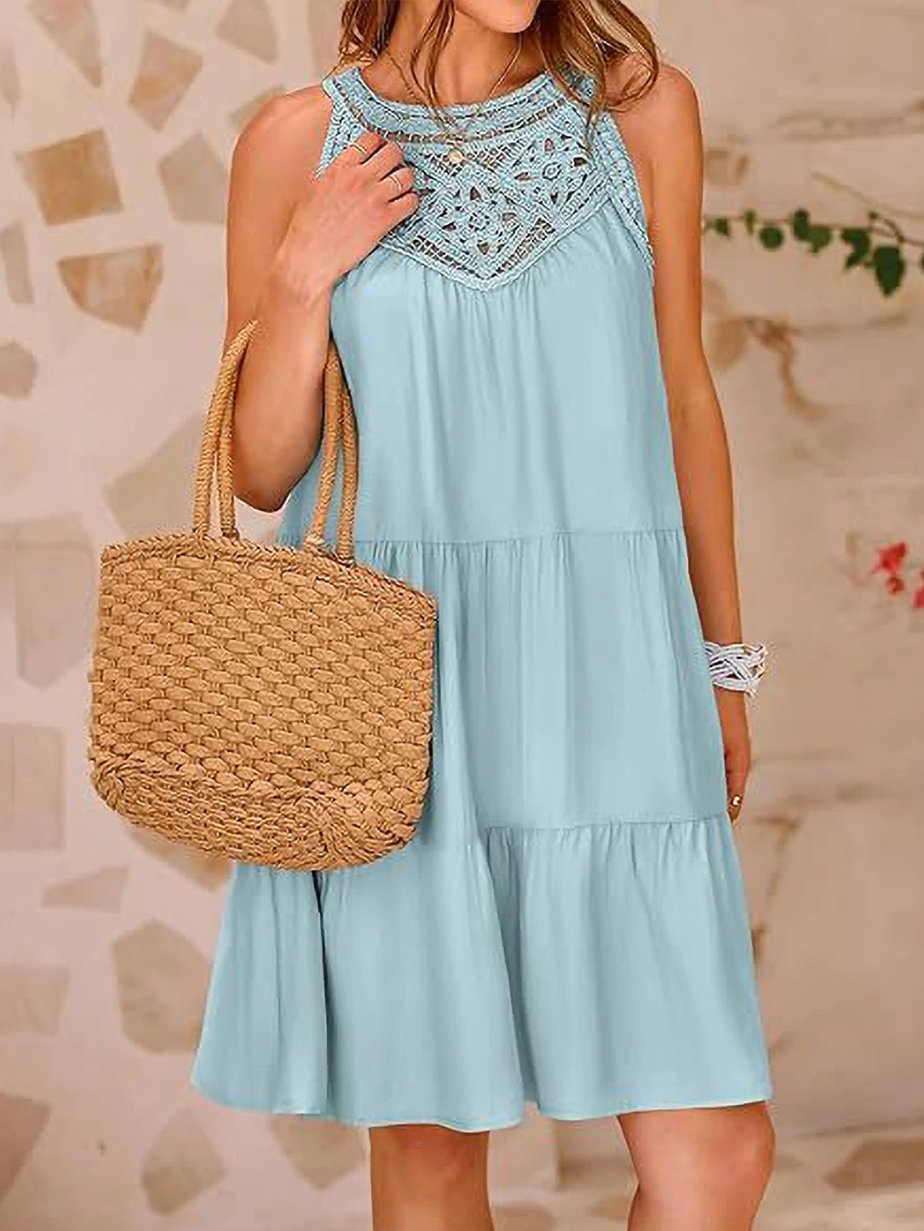 2025 New Summer Simple Round Neck Solid Color Embroidery Lace Strapless Sleeve Mid-length Blue Dresses