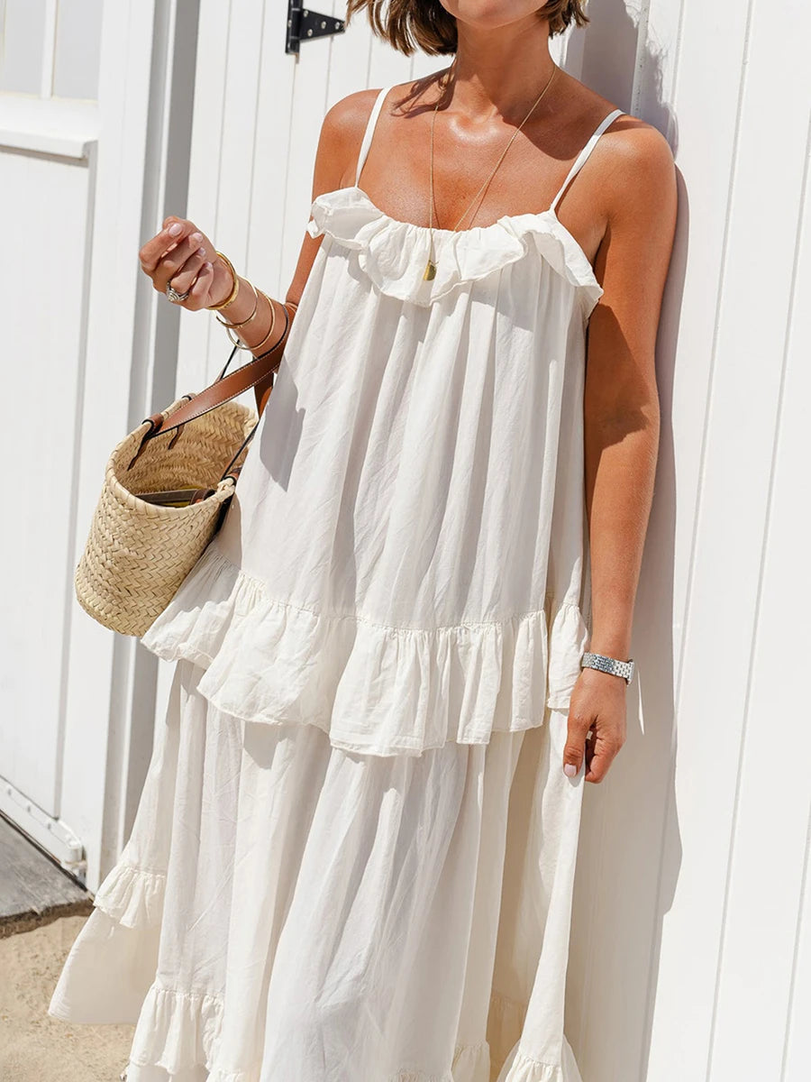 Women s Long Cami Dress Casual Loose Scoop Neck Back Tie-Up Swing Tiered Ruffled Spaghetti Strap Dress