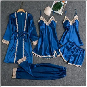 2025New Luxury Satin Pajama Set 5 Pcs Women's Silky Sleepwear Lace Trim Robe Nightgown Cami Shorts Pants Elegant Loungewear Hot