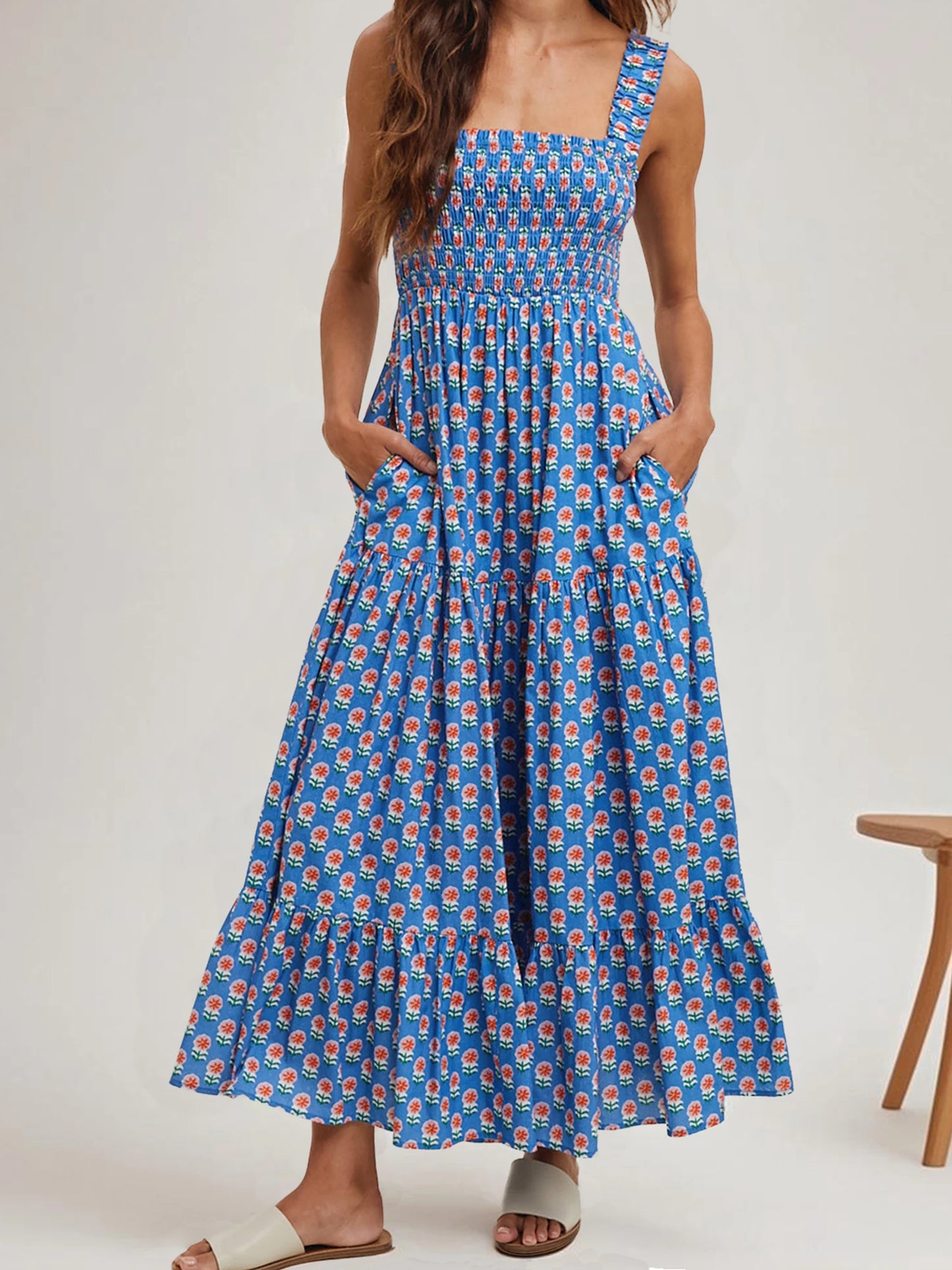 Women Boho Maxi Dress Off Shoulder Ruffle Floral Print Sleeveless Smocked Waist Long Summer Beach Dress with Pockets