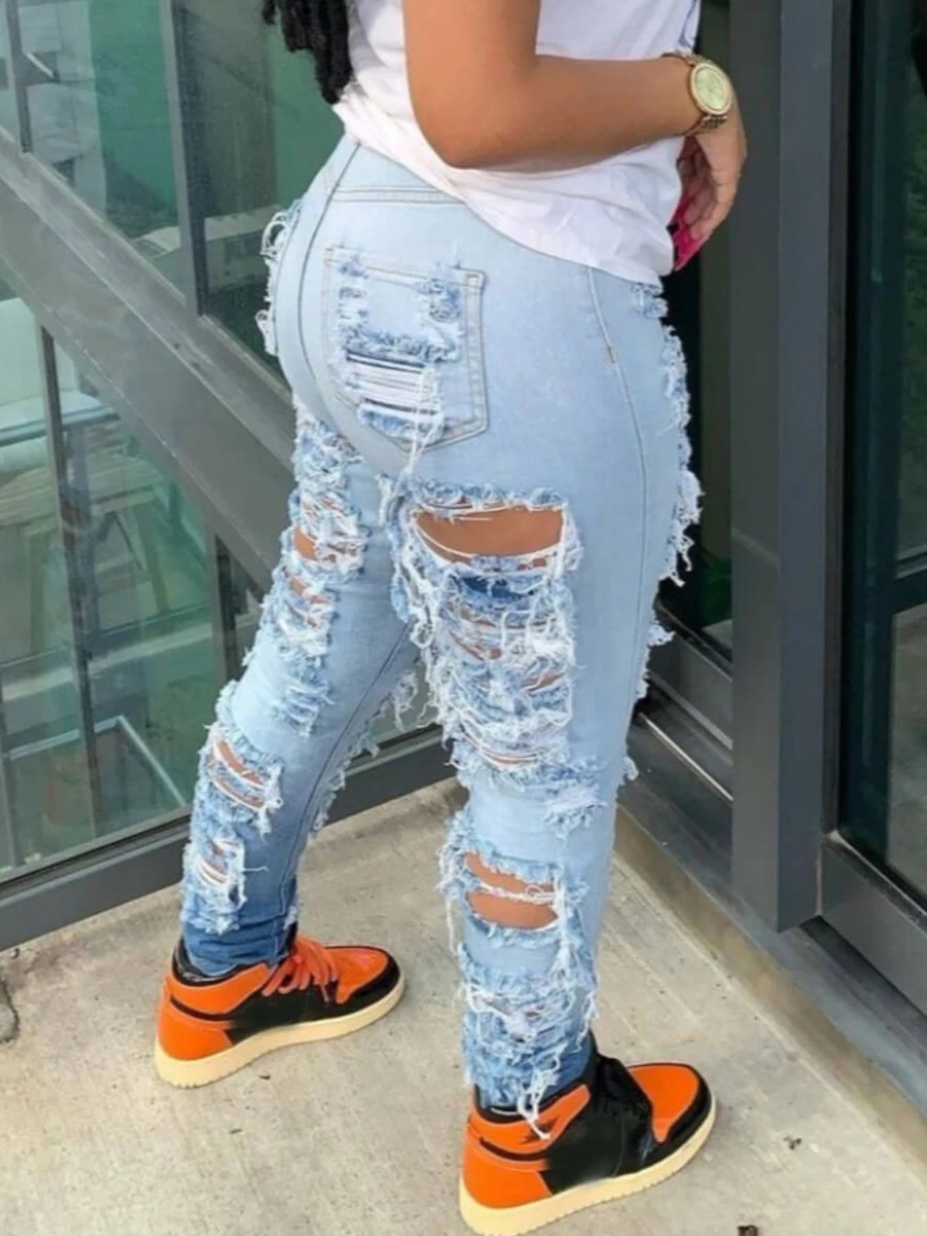 Women's High Waisted Elastic Ripped Washed Slim Fit Jeans, Street Style, Slanted Pockets, High-Quality Fabric, Suitable for Dail