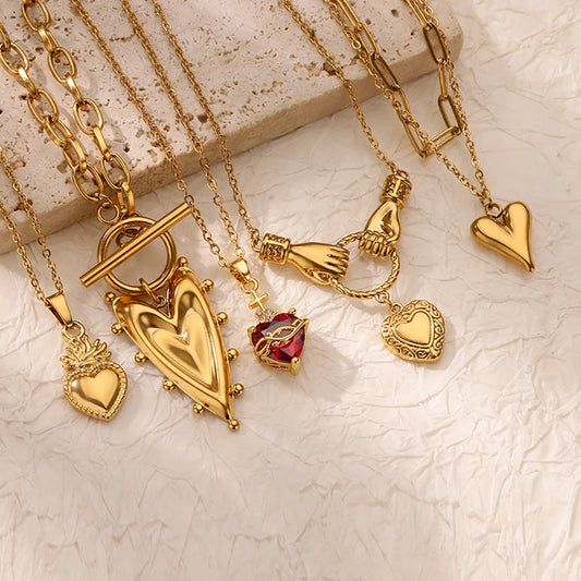 Punk Gold Color Heart Pendant Necklace for Women Stainless Steel Buckle Beaded Neck Chain Choker Y2K Jewelry Accessories